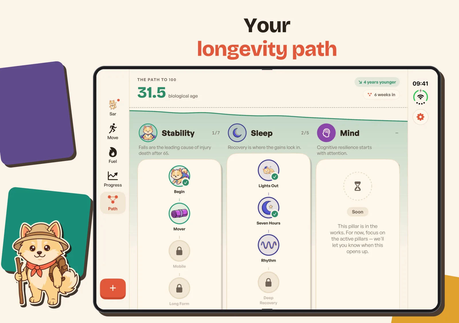 Sarvita&rsquo;s Longevity Path on the open iPhone Duo: biological age 31.5 at the top, and the Stability, Sleep and Mind pillar columns side by side, with the navigation rail on the left.