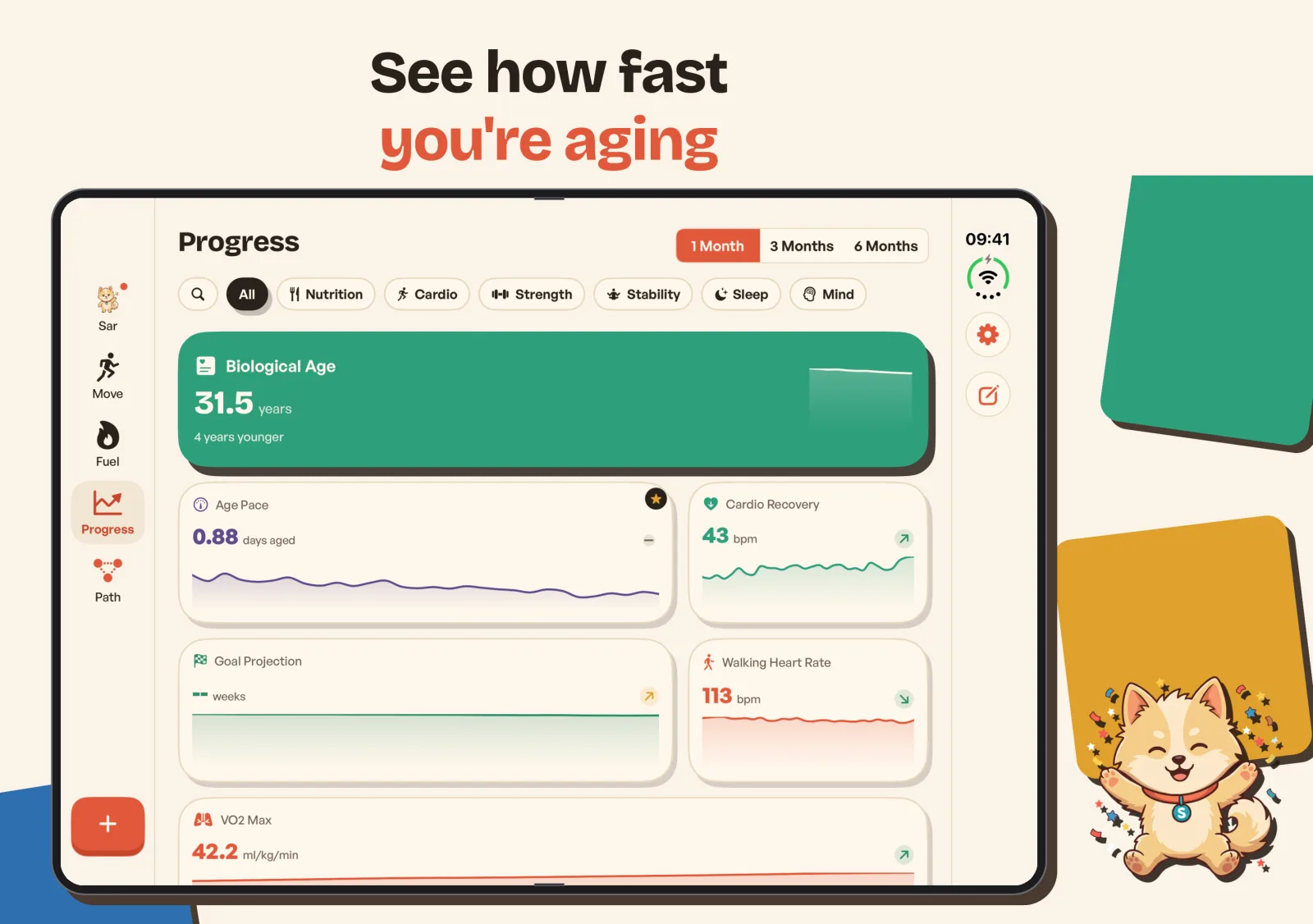 The Progress tab on the open iPhone Duo: a full-width Biological Age card, with Age Pace, Cardio Recovery, Goal Projection and Walking Heart Rate cards below it.